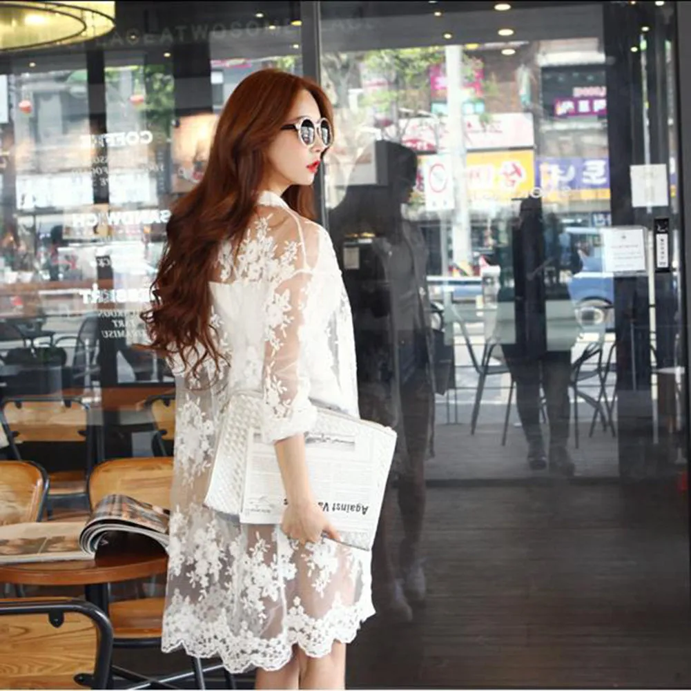 2018 Casual Long Cardigan Sunscreen Shirt Loose Beach Coat Lace Chiffon Outwear Tops
