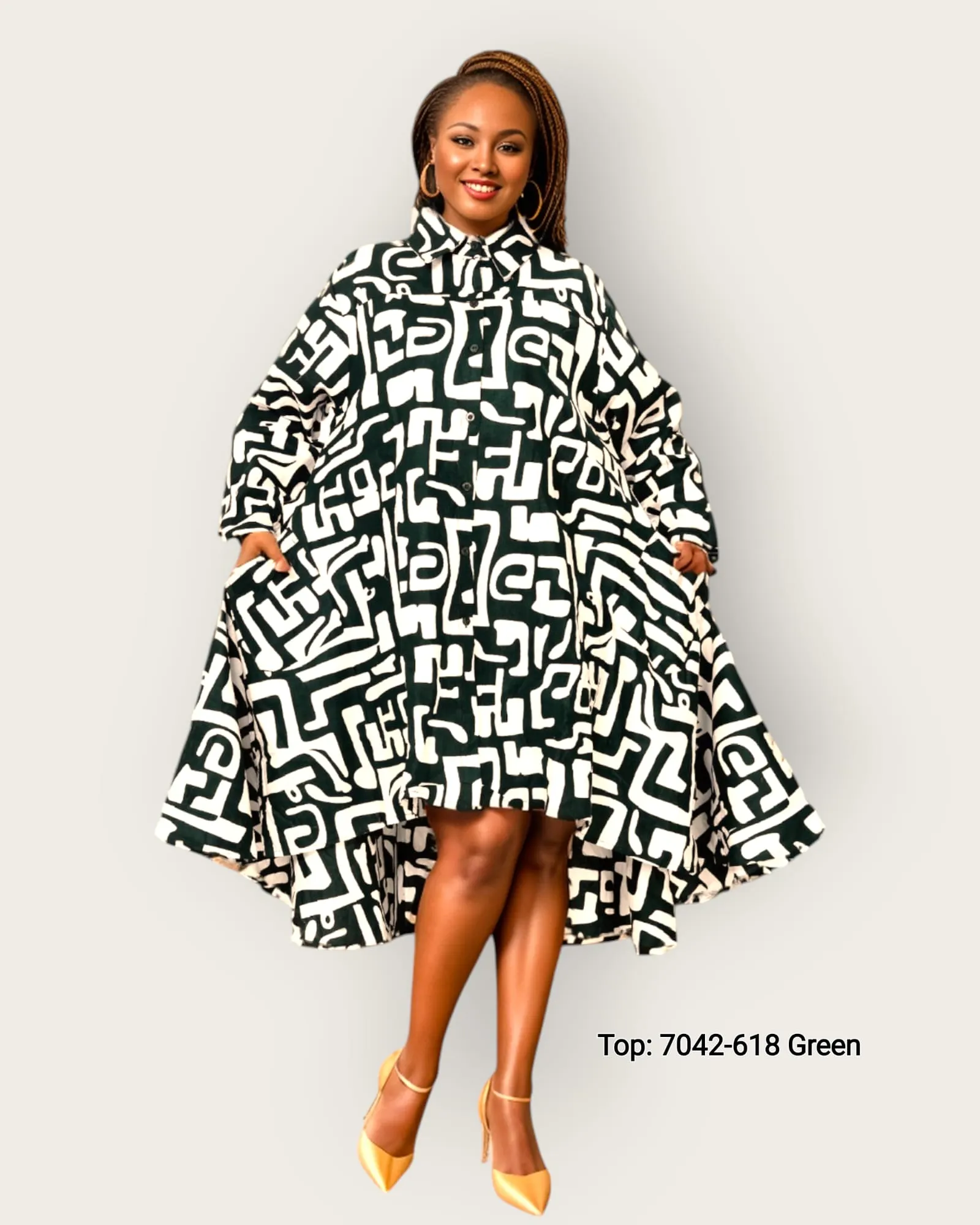 7042- Cotton High Low Swing Dress / Blouse- Geometric Pattern