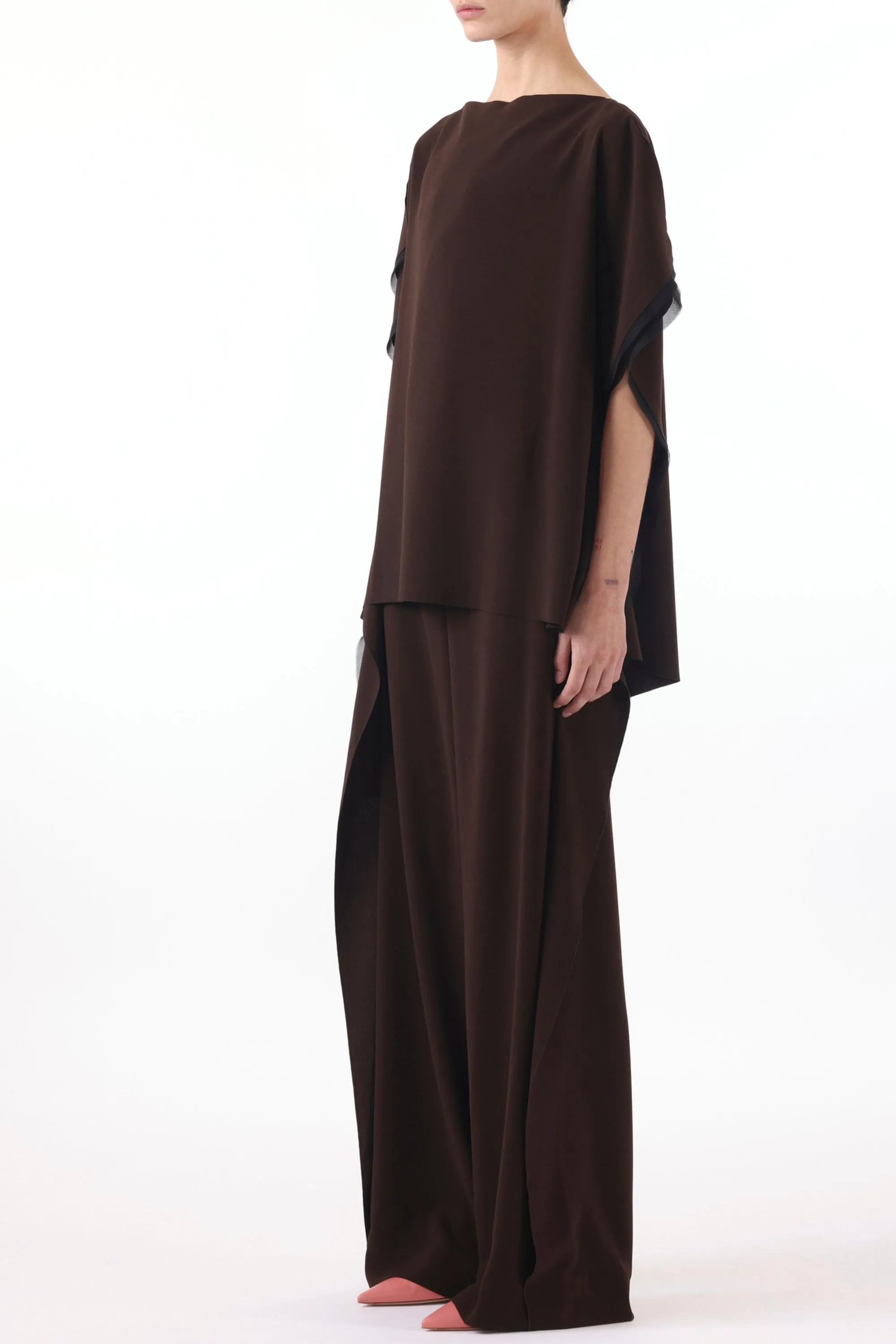 ASYMMETRICAL CREPE BOATNECK TOP WITH ORGANZA TRIM