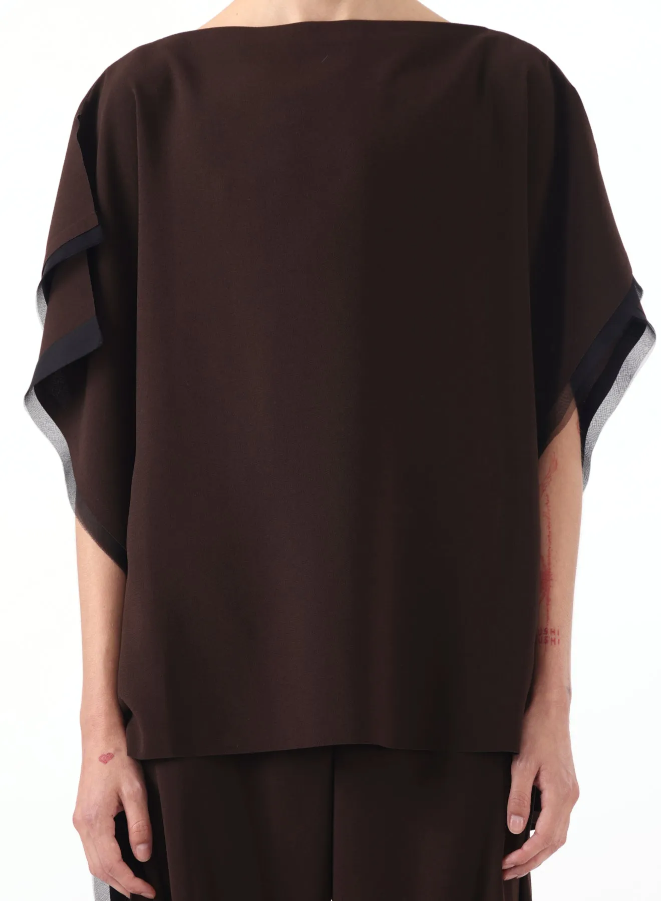 ASYMMETRICAL CREPE BOATNECK TOP WITH ORGANZA TRIM