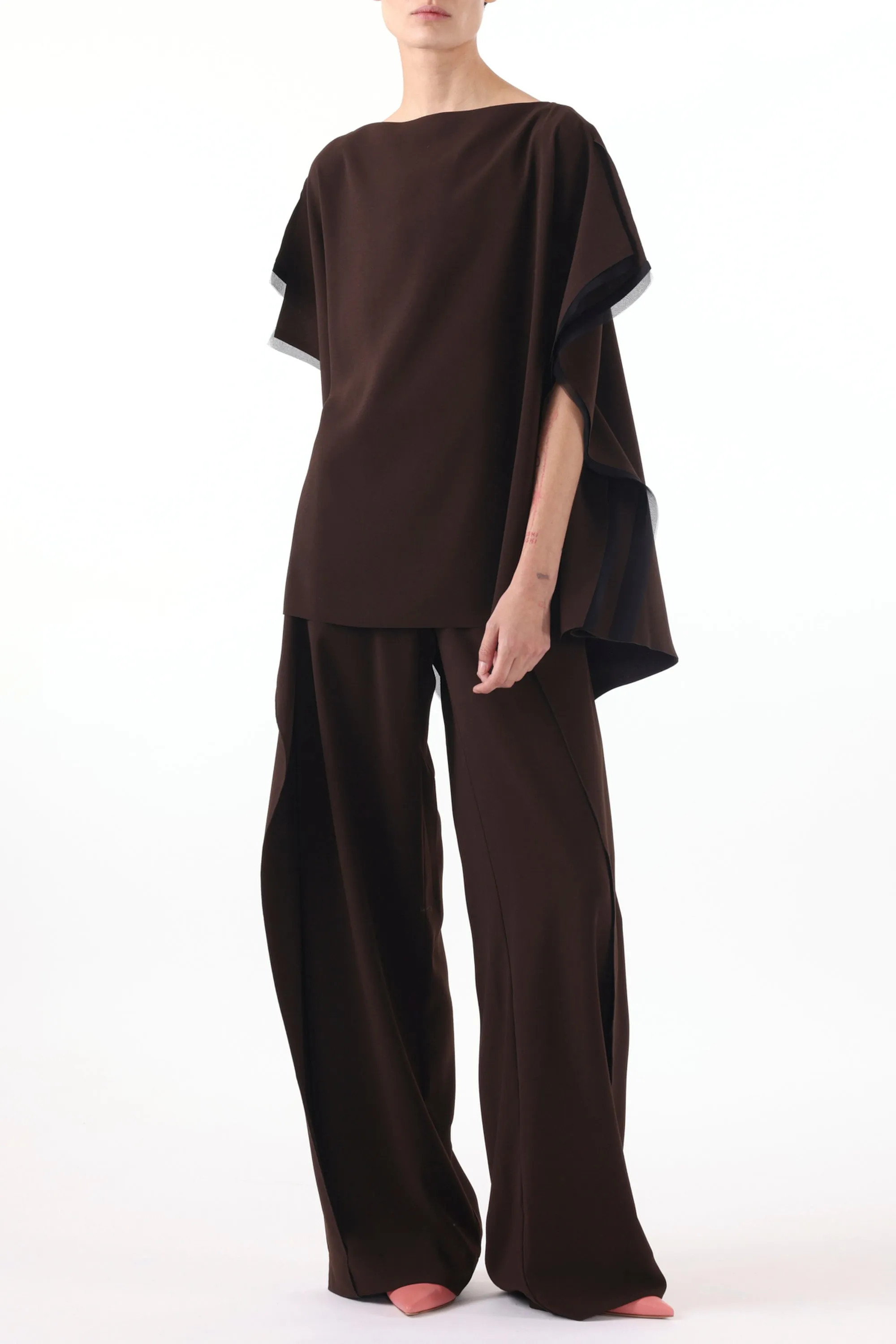 ASYMMETRICAL CREPE BOATNECK TOP WITH ORGANZA TRIM