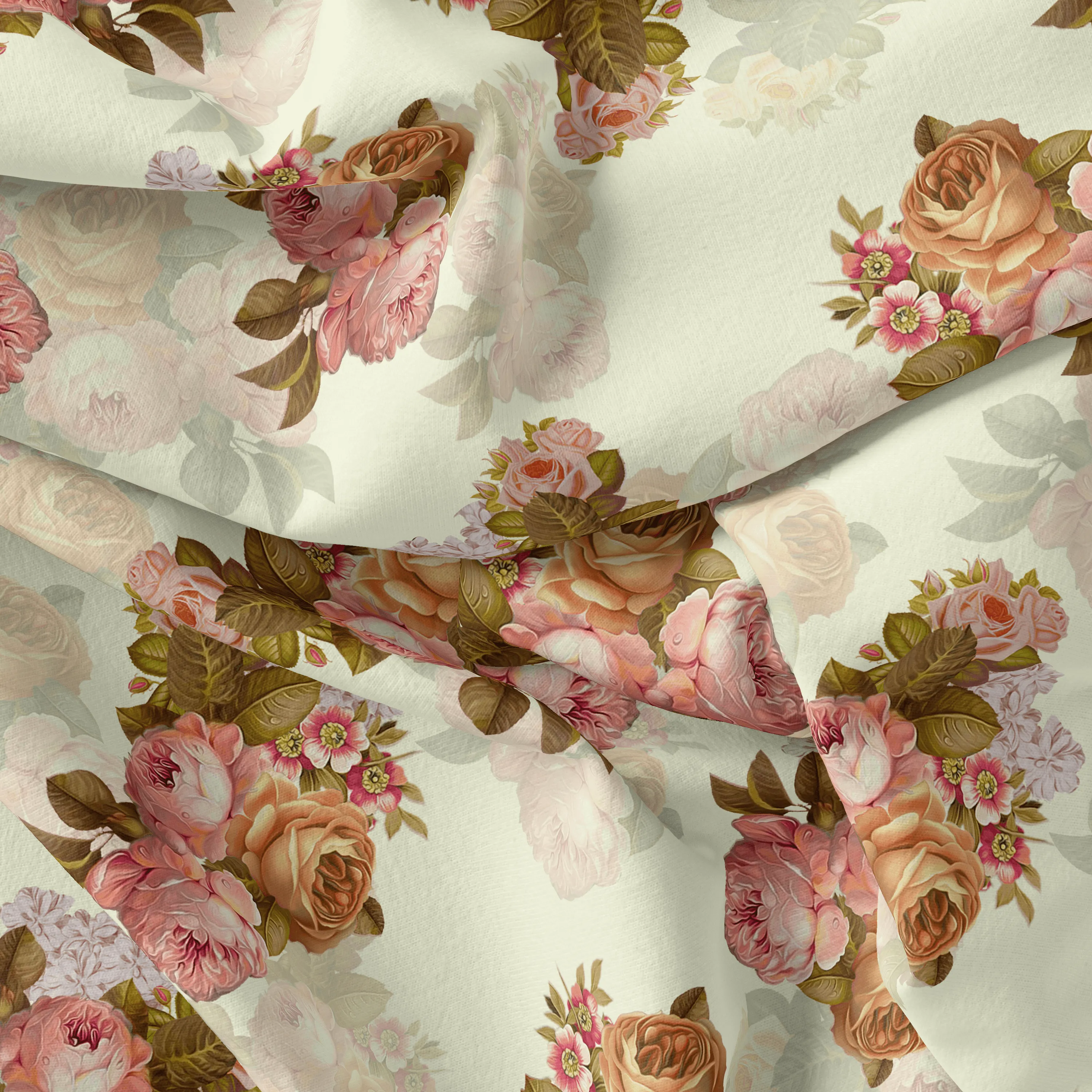Beautiful Floral Golden Roses With Shiny Digital Printed Fabric - Silk Crepe