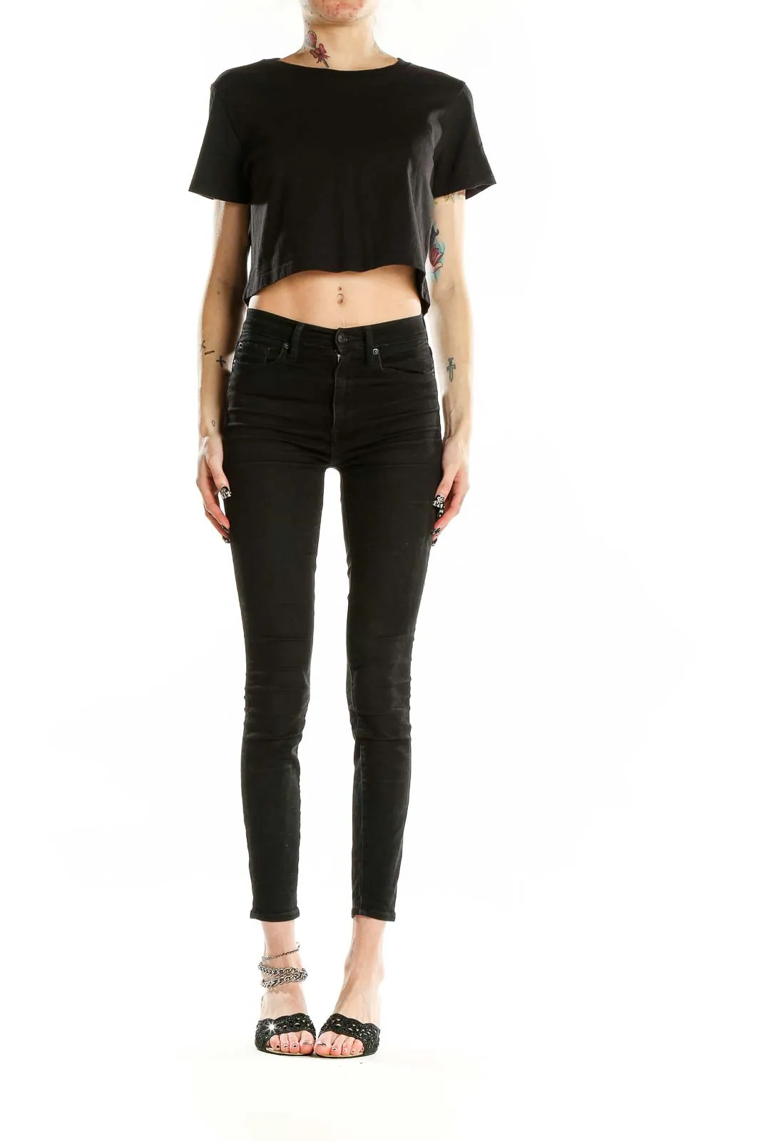 Black Cropped Cotton T-Shirt