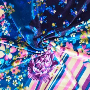 Blue/Purple/Multi Floral Abstract Stripe Printed Velvet Knit Fabric