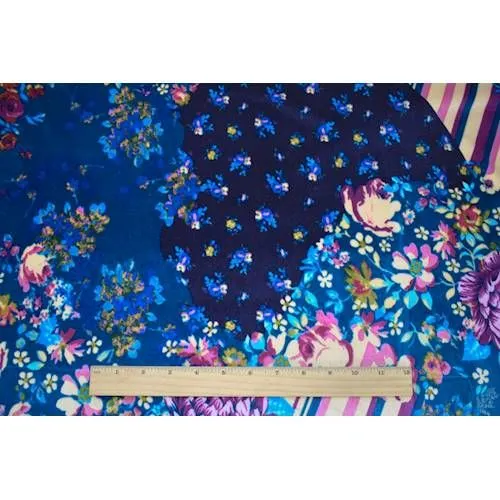 Blue/Purple/Multi Floral Abstract Stripe Printed Velvet Knit Fabric
