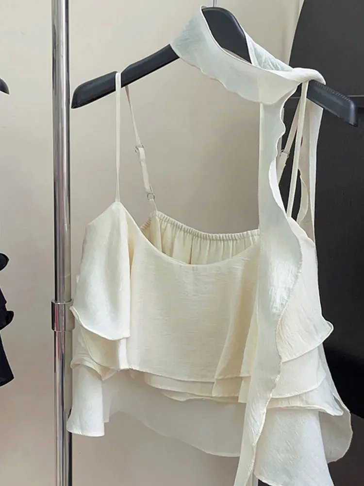 Bonnyshow French Elegance Solid Blouses Women Square Collar Crop Top Korean Office Lady Sweet Ruffle Chiffon Shirts Ins Streetwear Simple
