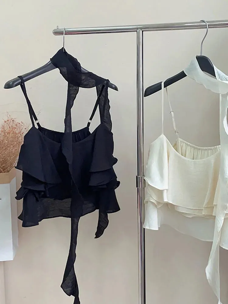 Bonnyshow French Elegance Solid Blouses Women Square Collar Crop Top Korean Office Lady Sweet Ruffle Chiffon Shirts Ins Streetwear Simple