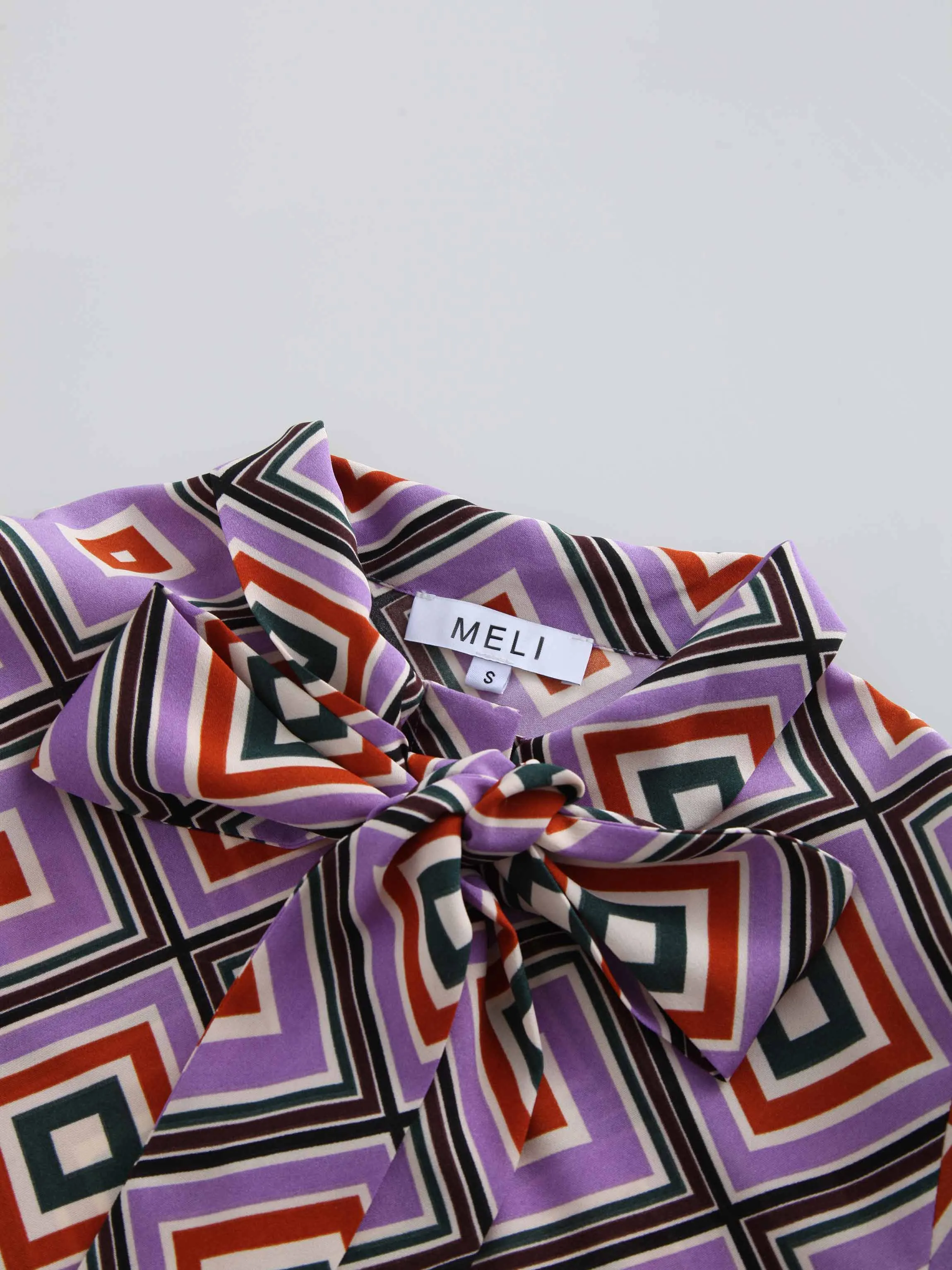 Bow Blouse-Retro Geometric