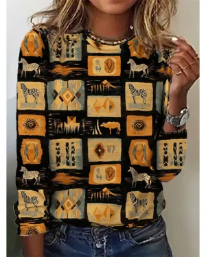 Casual fun geometric animal crew neck top