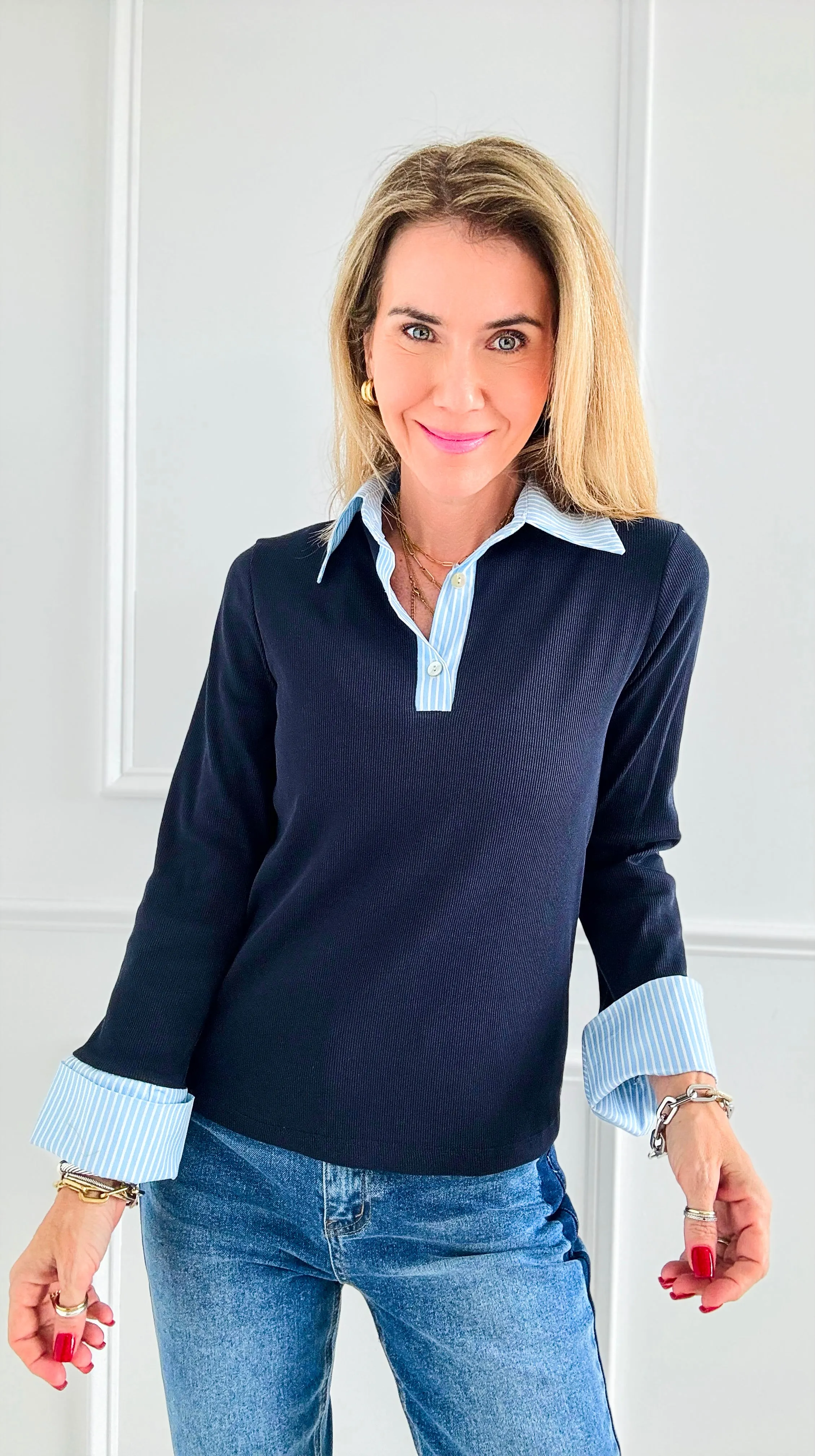 Colorblock Striped Italian Top- Navy