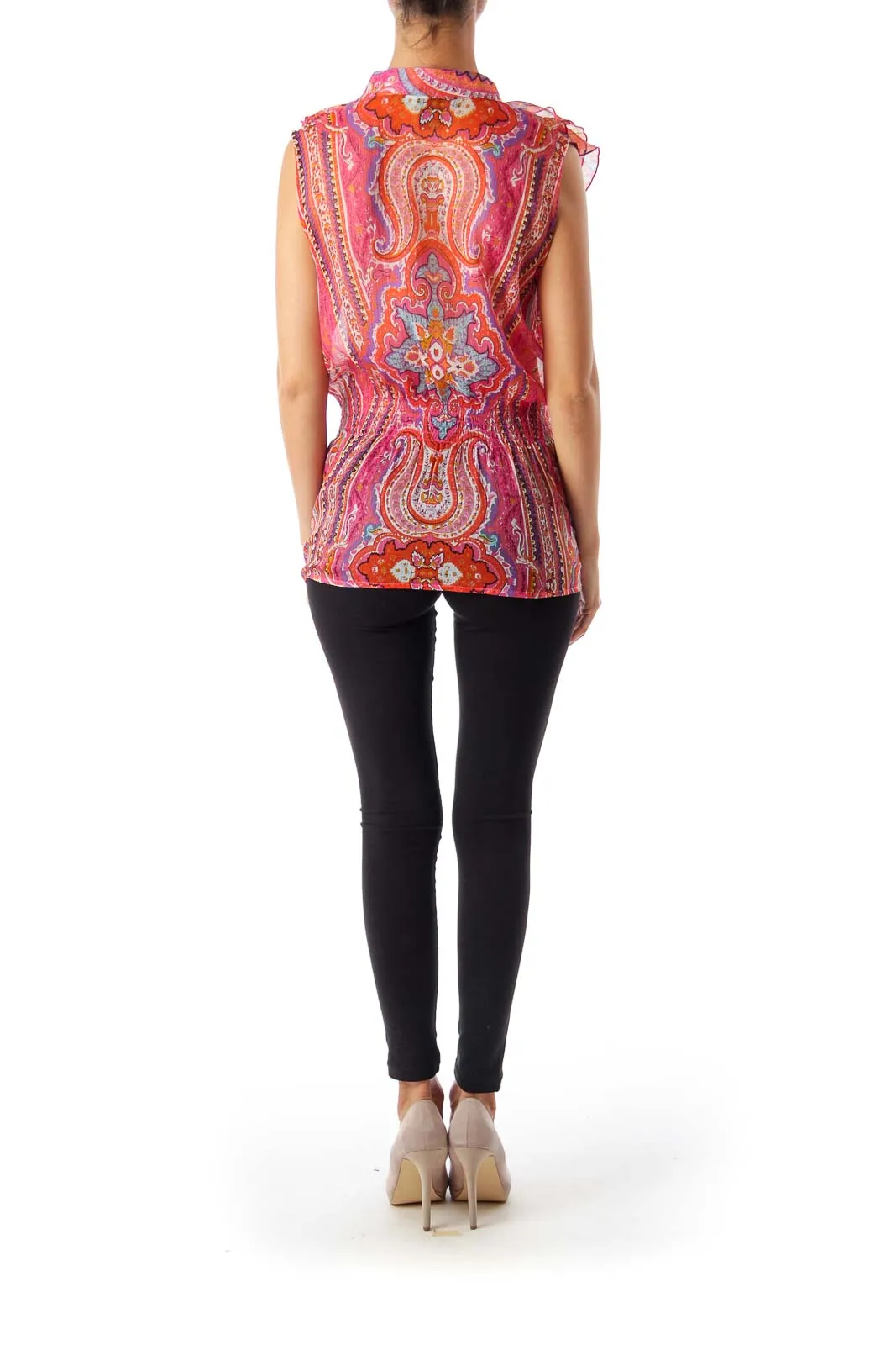 Coral Paisley Printed Ruffle Top