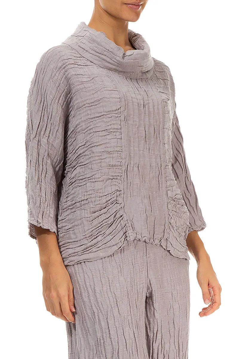 Cowl Neck Crinkled Greige Silk Blouse