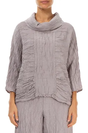 Cowl Neck Crinkled Greige Silk Blouse