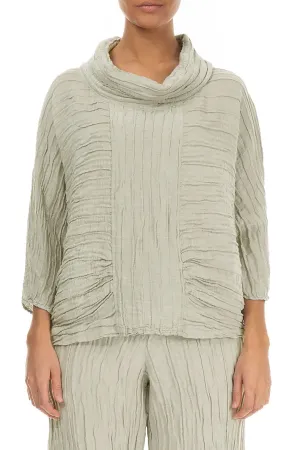Cowl Neck Crinkled Laurel Green Silk Blouse