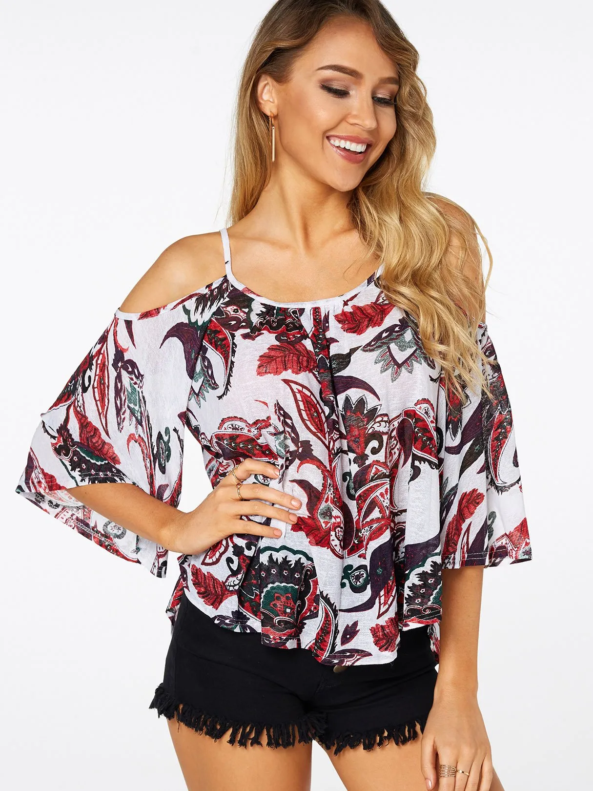 Custom Cold Shoulder Half Sleeve Curved Hem White Top