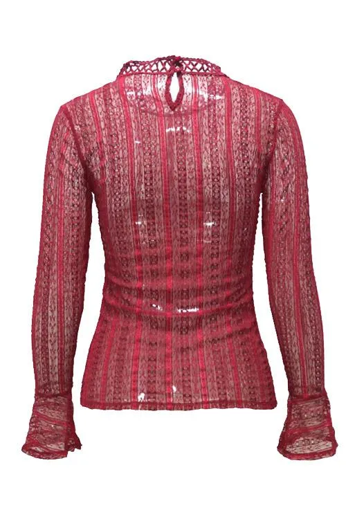 Custom Crew Neck Plain Lace Long Sleeve Burgundy Blouses