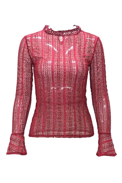 Custom Crew Neck Plain Lace Long Sleeve Burgundy Blouses