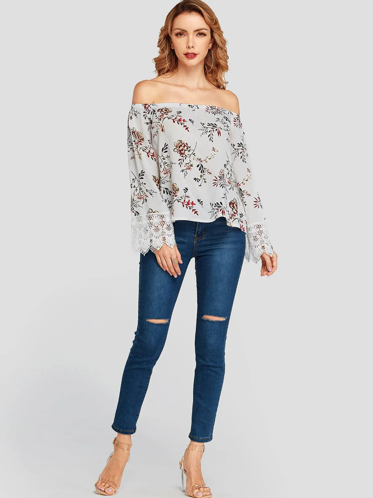 Custom Floral Print Lace Insert Long Sleeve White Blouses