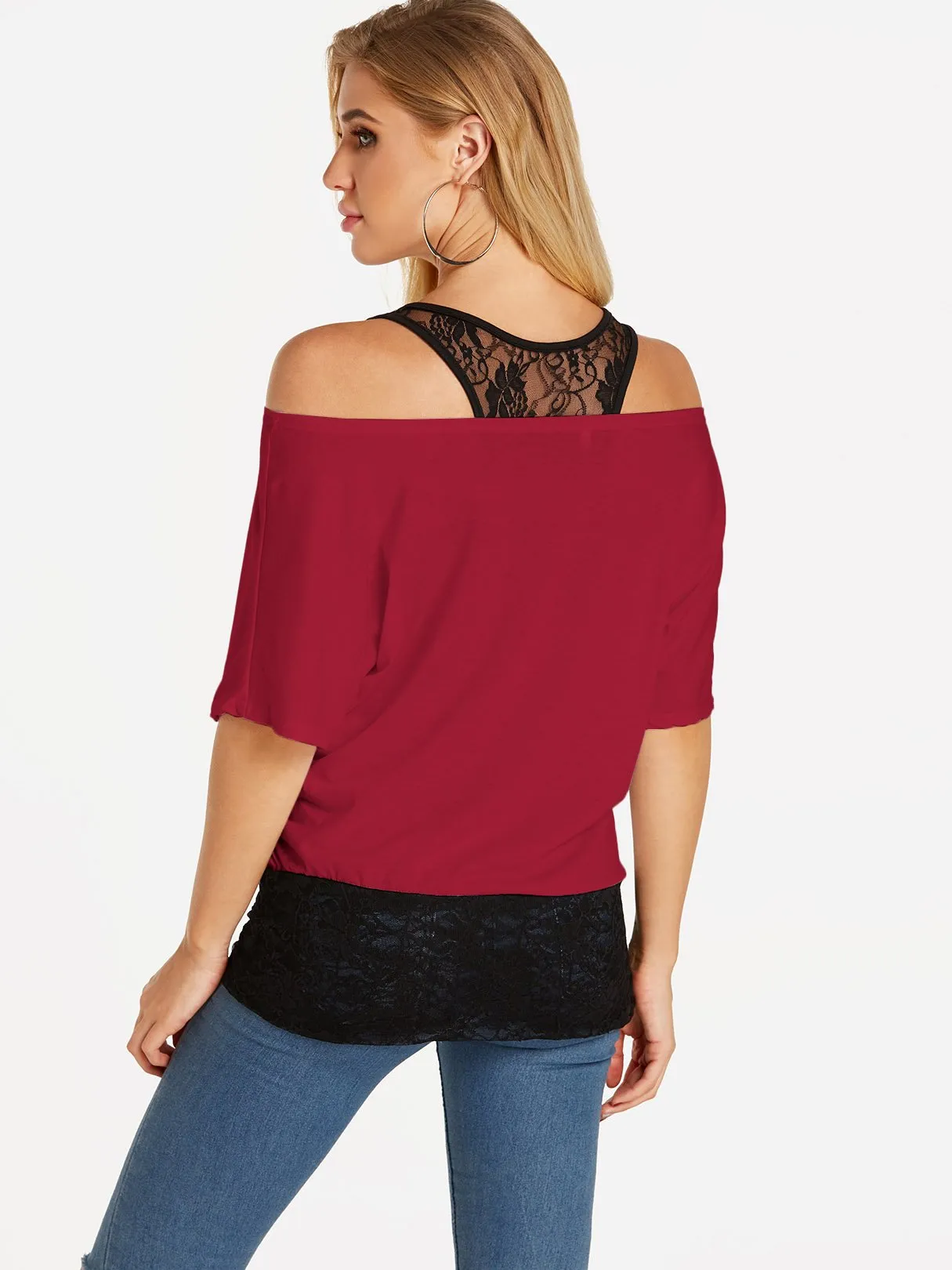 Custom One Shoulder Plain Lace Half Sleeve Blouses