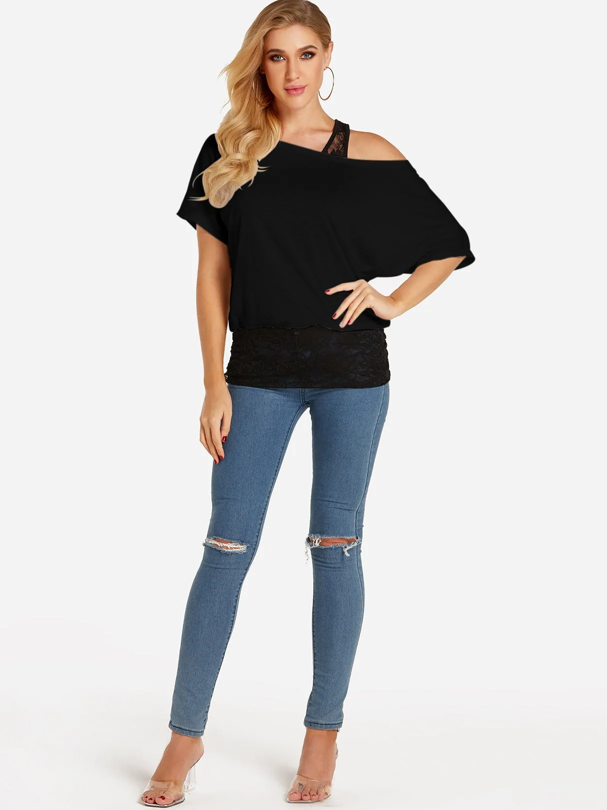 Custom One Shoulder Plain Lace Half Sleeve Blouses