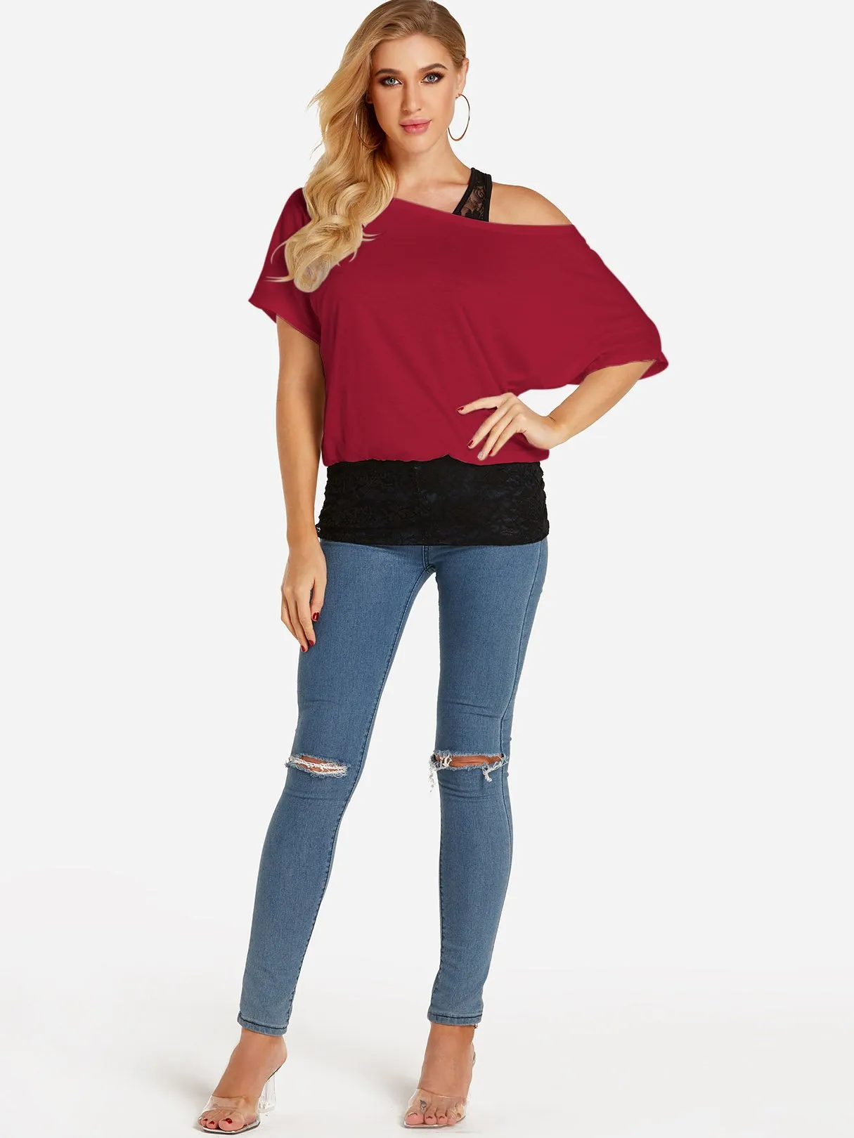 Custom One Shoulder Plain Lace Half Sleeve Blouses