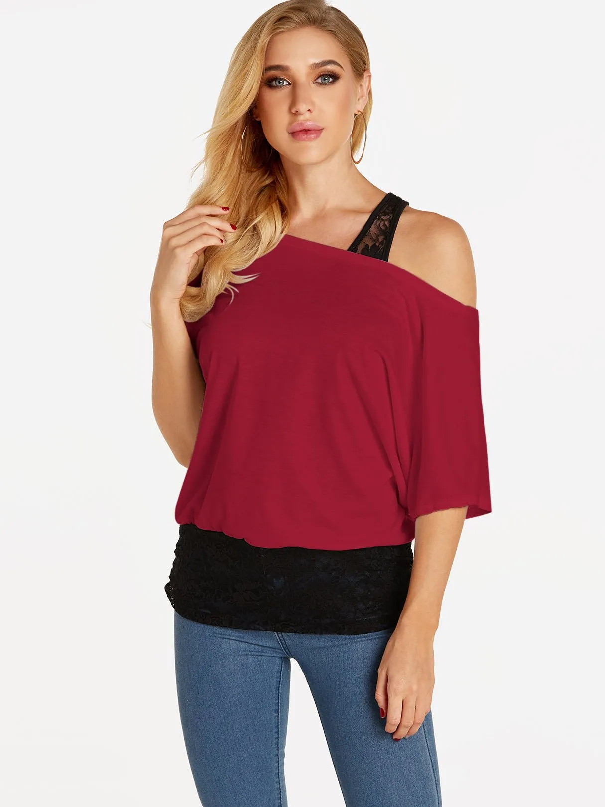 Custom One Shoulder Plain Lace Half Sleeve Blouses