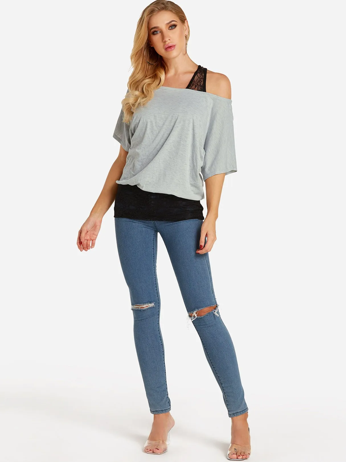 Custom One Shoulder Plain Lace Half Sleeve Blouses