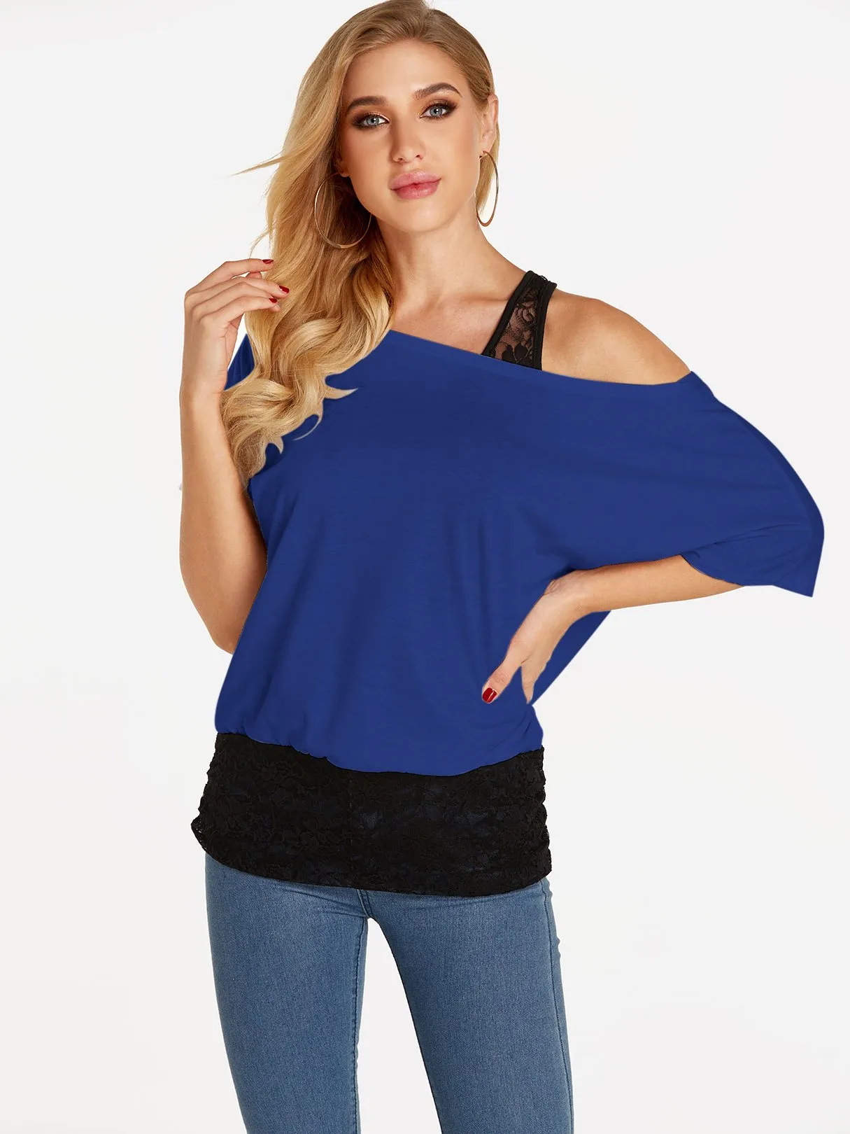 Custom One Shoulder Plain Lace Half Sleeve Blouses