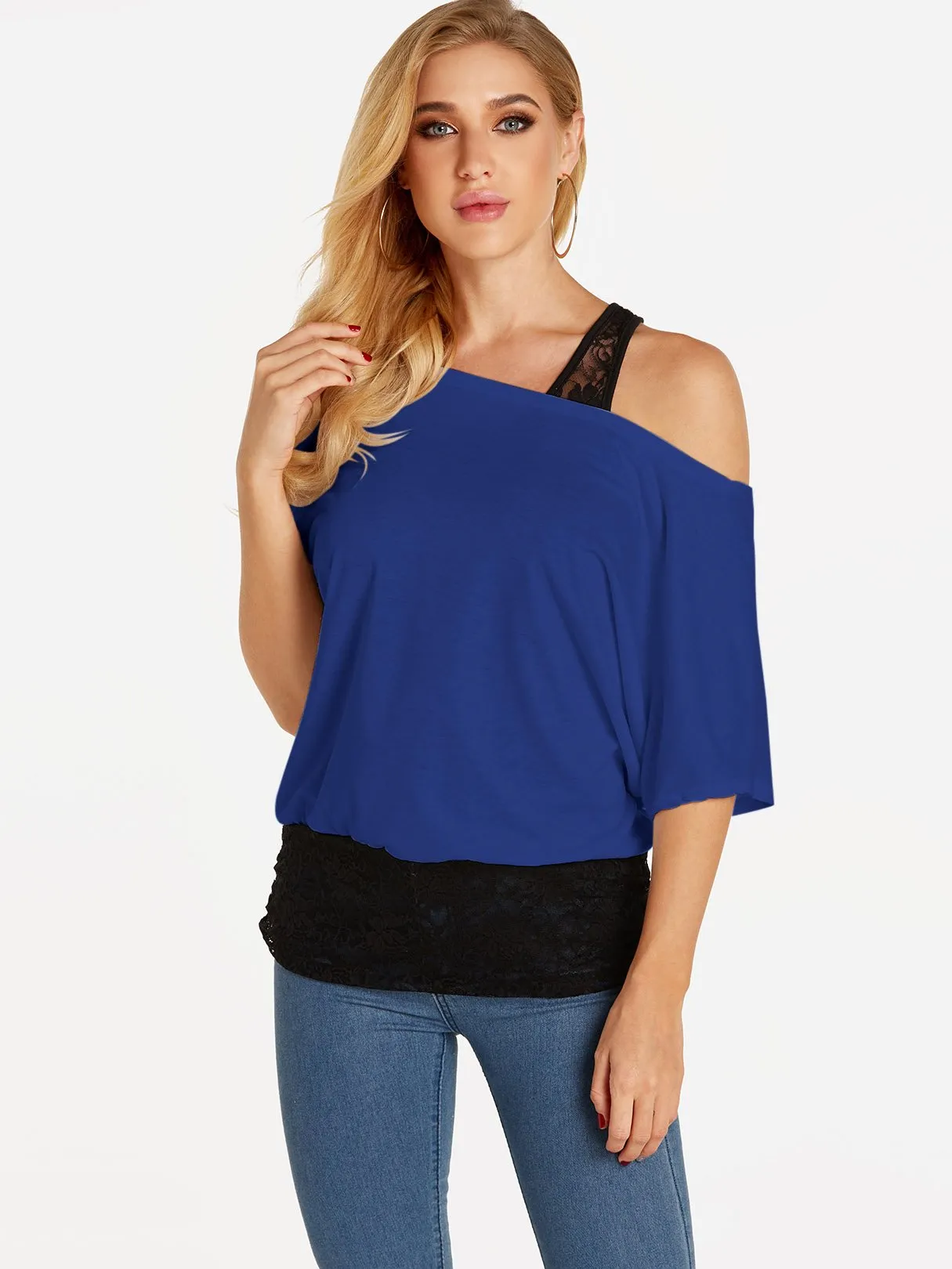 Custom One Shoulder Plain Lace Half Sleeve Blouses