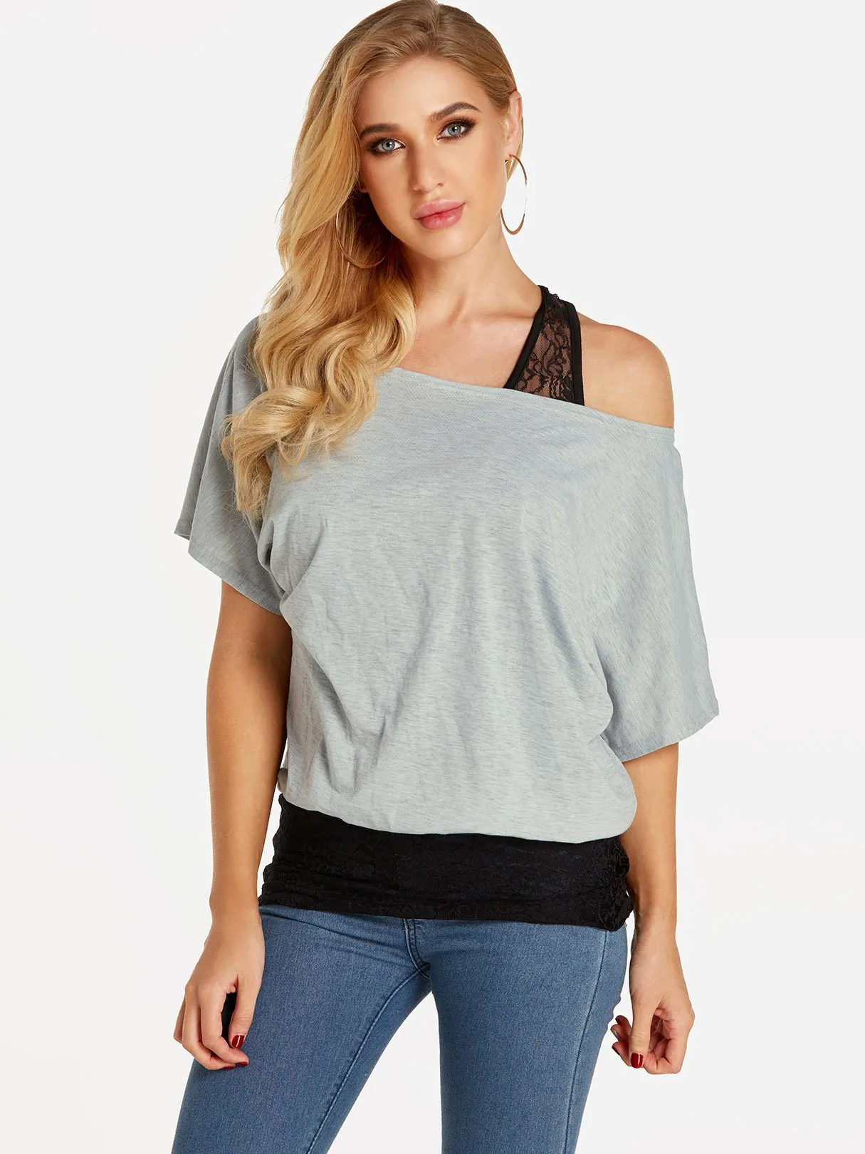 Custom One Shoulder Plain Lace Half Sleeve Blouses
