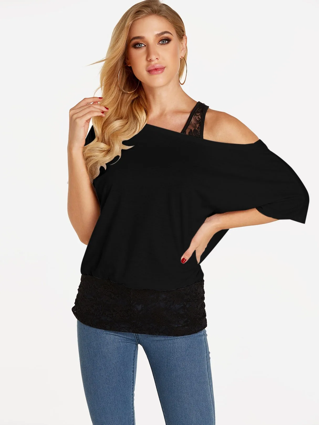 Custom One Shoulder Plain Lace Half Sleeve Blouses