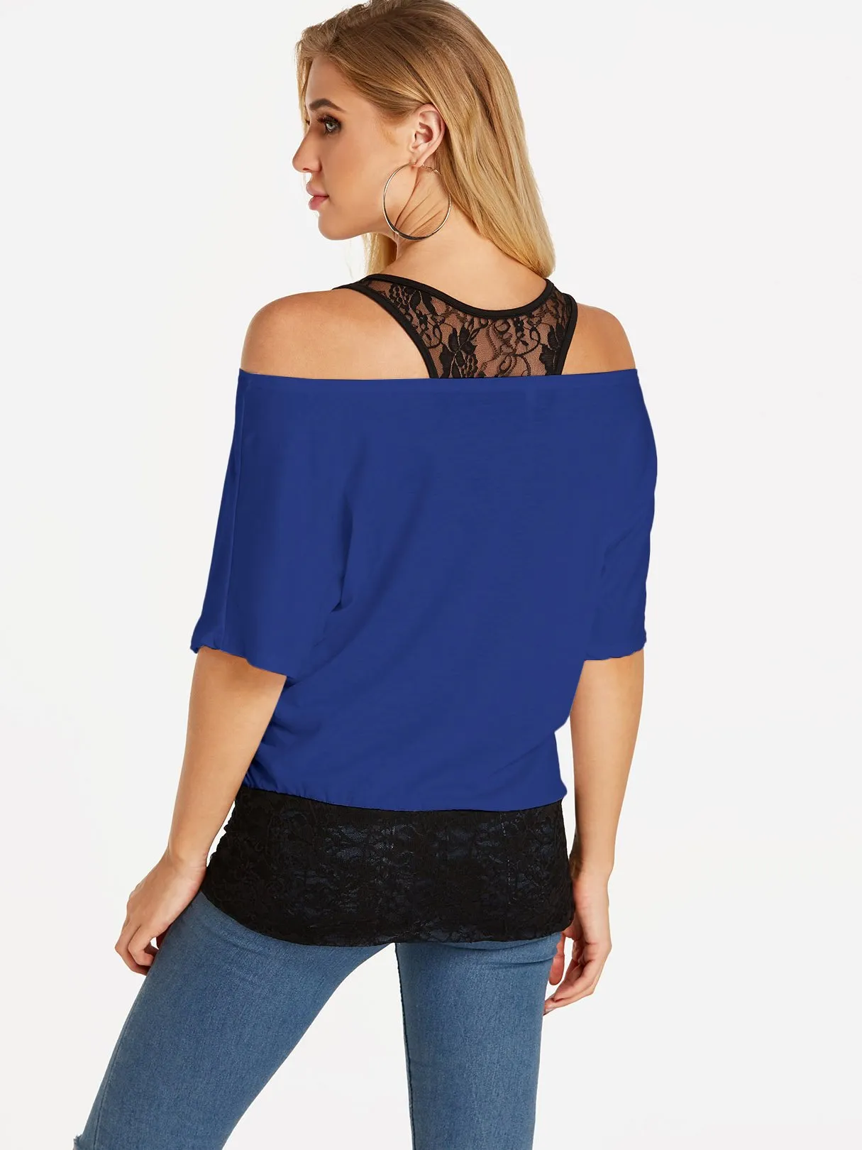 Custom One Shoulder Plain Lace Half Sleeve Blouses