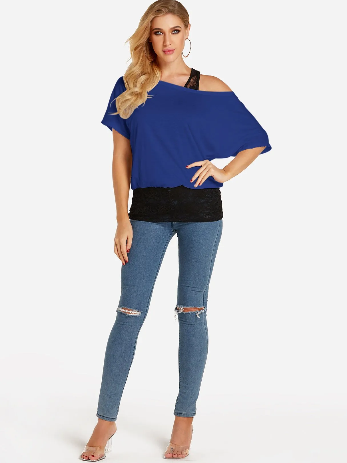 Custom One Shoulder Plain Lace Half Sleeve Blouses