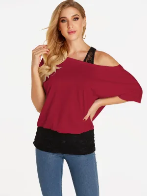 Custom One Shoulder Plain Lace Half Sleeve Blouses