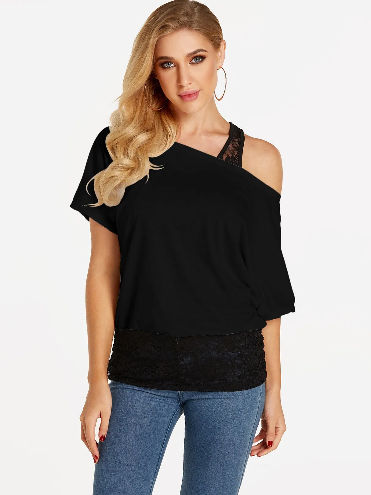 Custom One Shoulder Plain Lace Half Sleeve Blouses
