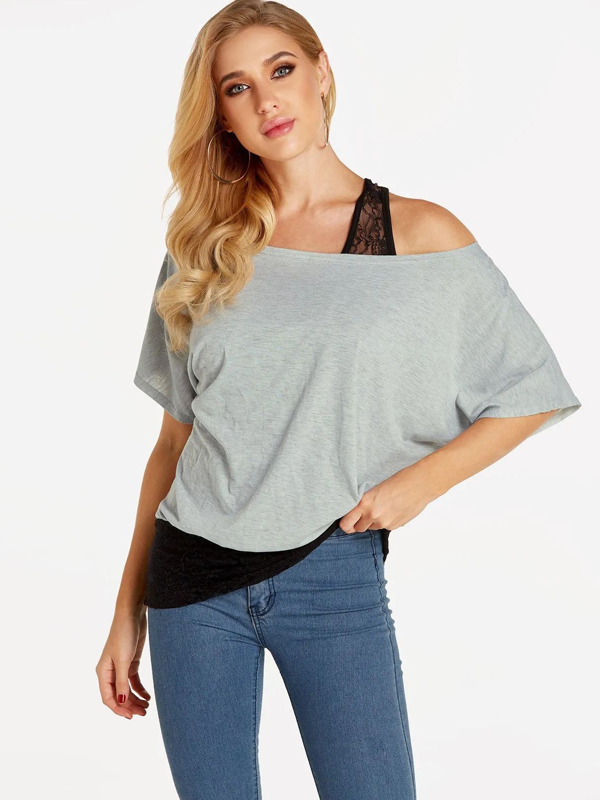 Custom One Shoulder Plain Lace Half Sleeve Blouses