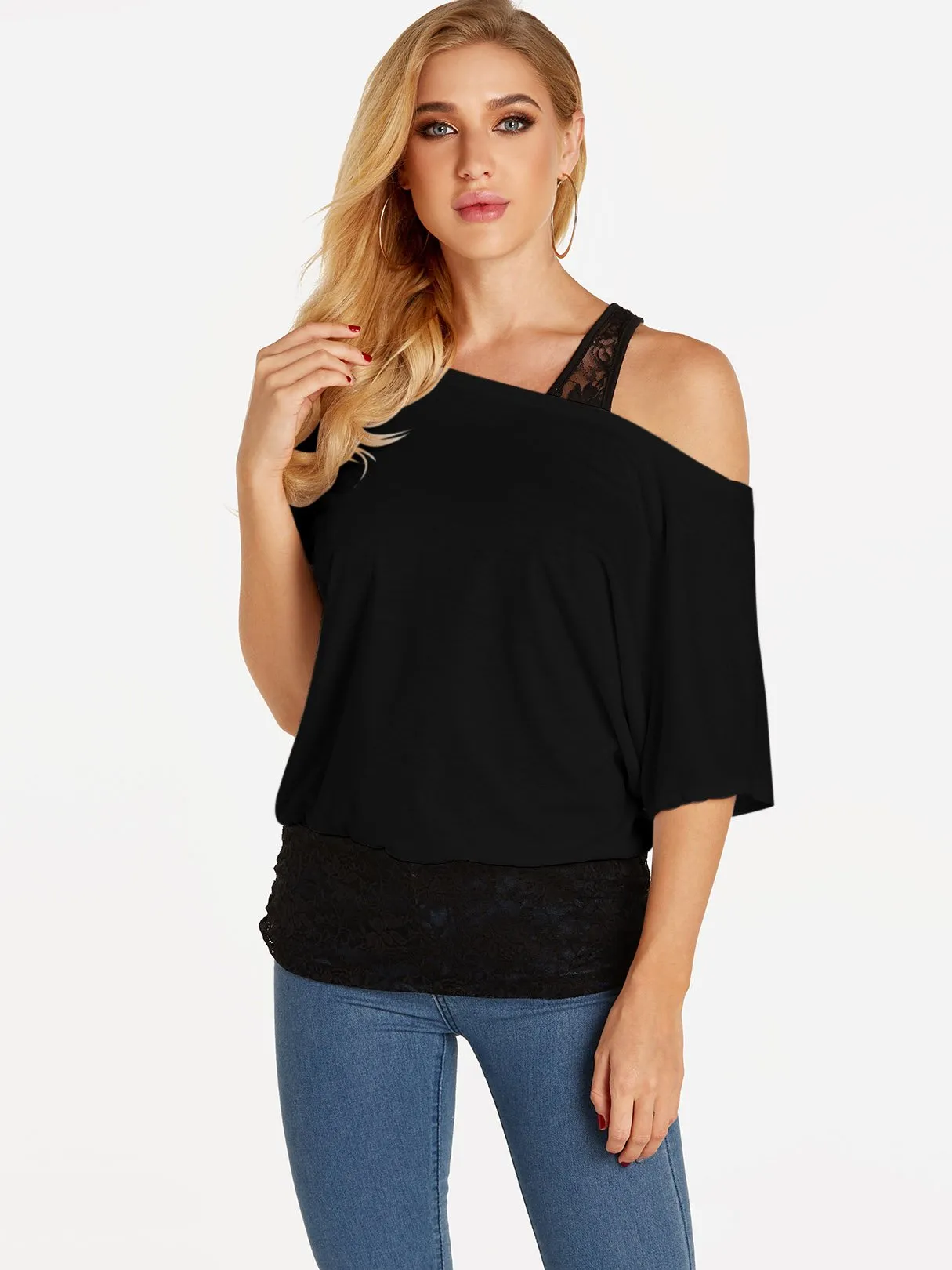 Custom One Shoulder Plain Lace Half Sleeve Blouses