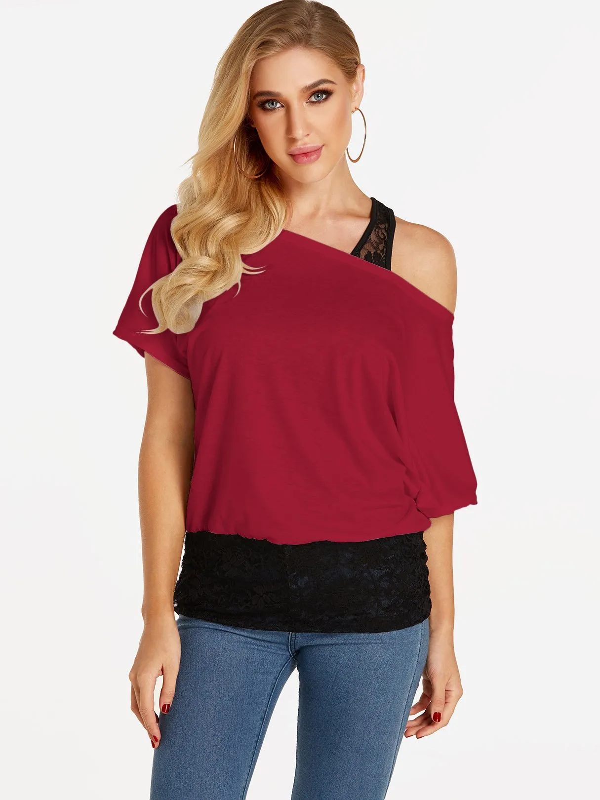 Custom One Shoulder Plain Lace Half Sleeve Blouses
