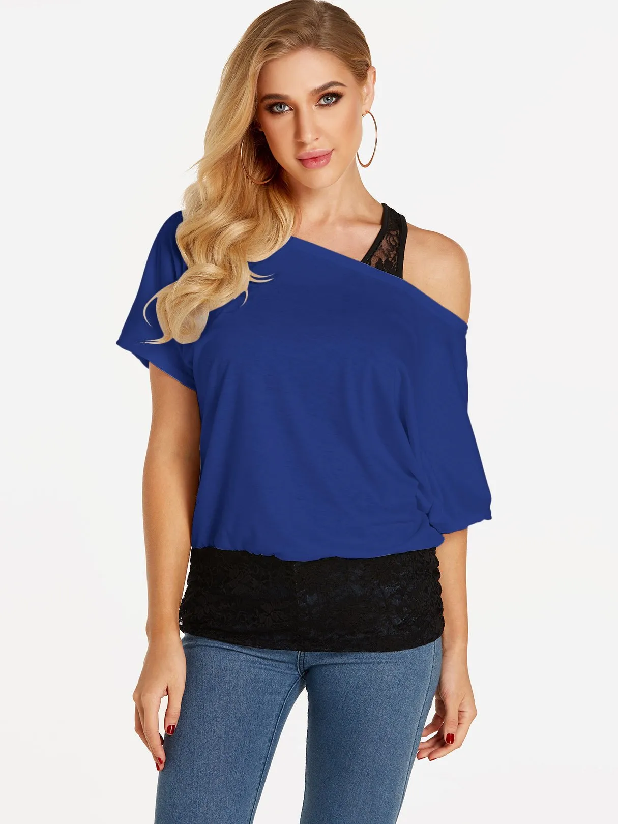 Custom One Shoulder Plain Lace Half Sleeve Blouses