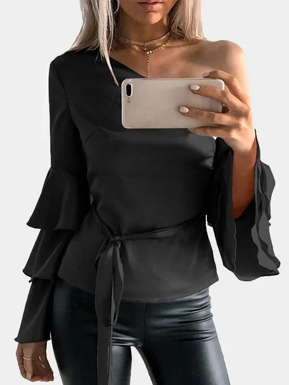 Custom One Shoulder Plain Long Sleeve Blouses
