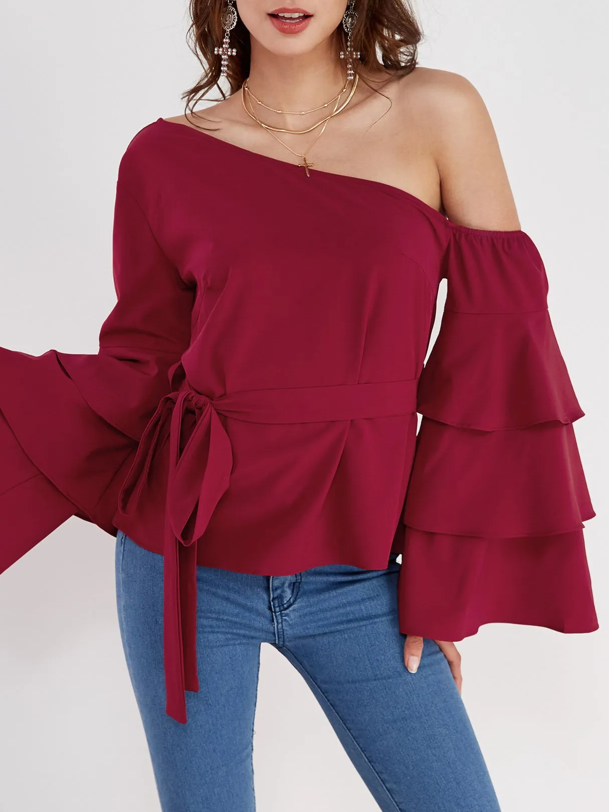 Custom One Shoulder Plain Long Sleeve Blouses