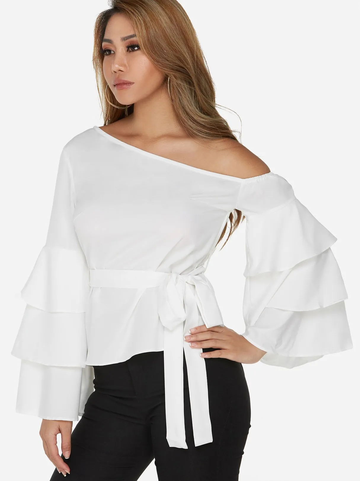 Custom One Shoulder Plain Long Sleeve Blouses