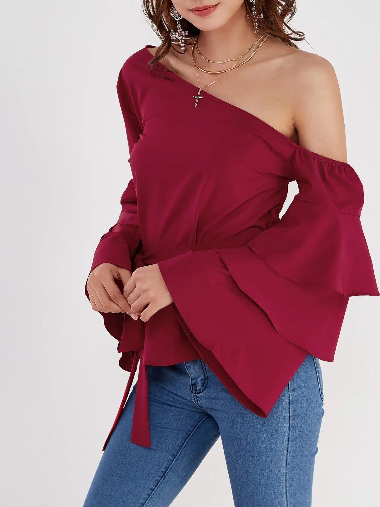 Custom One Shoulder Plain Long Sleeve Blouses