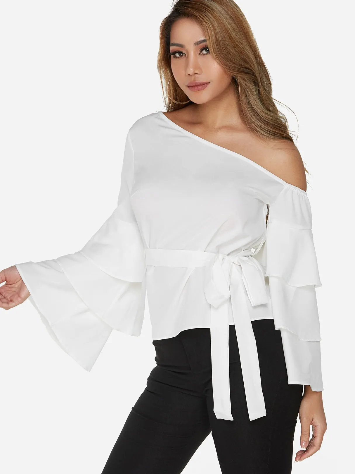 Custom One Shoulder Plain Long Sleeve Blouses
