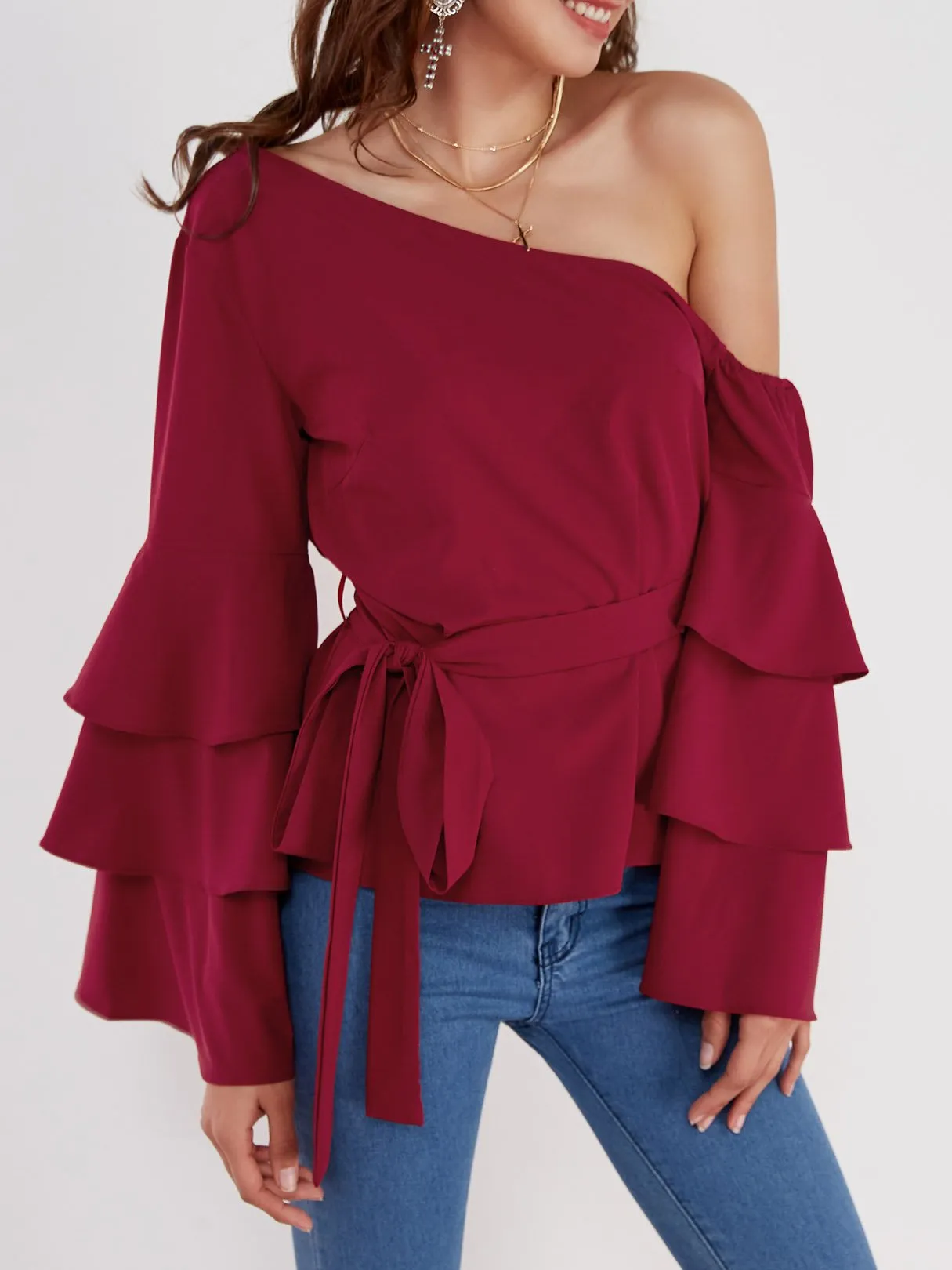 Custom One Shoulder Plain Long Sleeve Blouses