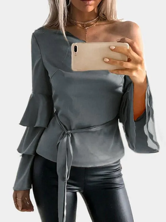 Custom One Shoulder Plain Long Sleeve Blouses