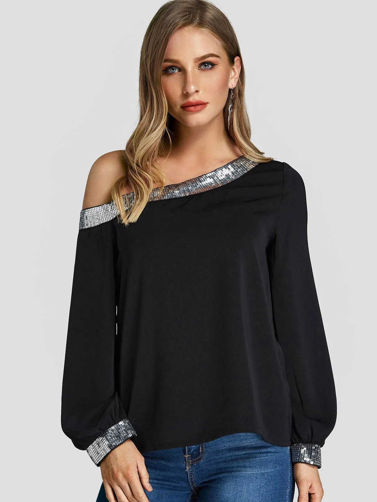 Custom One Shoulder Sequins Embellished Long Sleeve Black Blouses