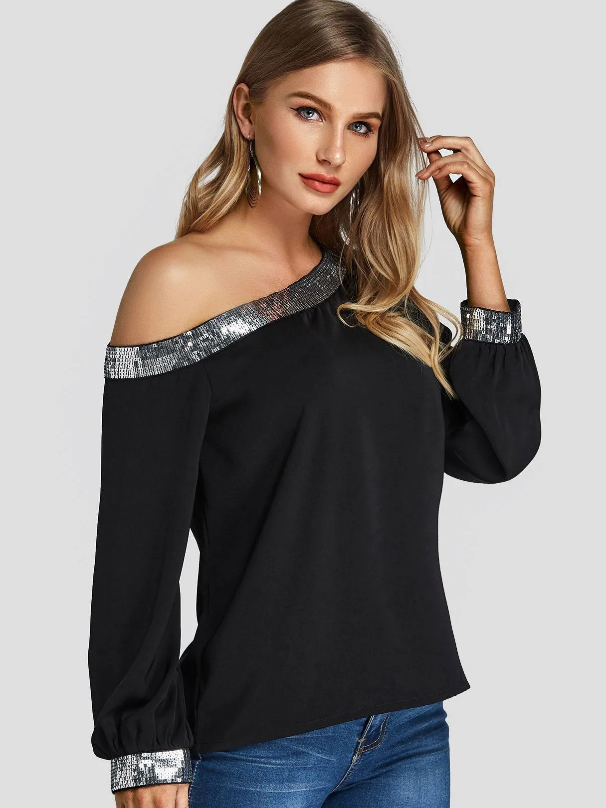 Custom One Shoulder Sequins Embellished Long Sleeve Black Blouses