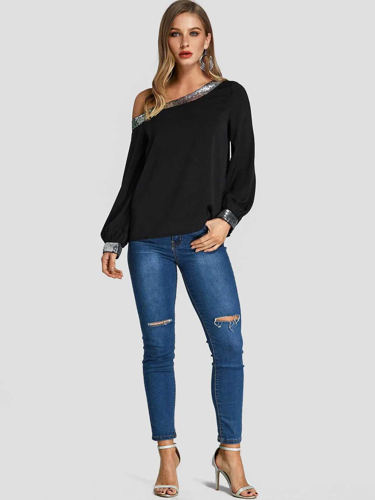 Custom One Shoulder Sequins Embellished Long Sleeve Black Blouses