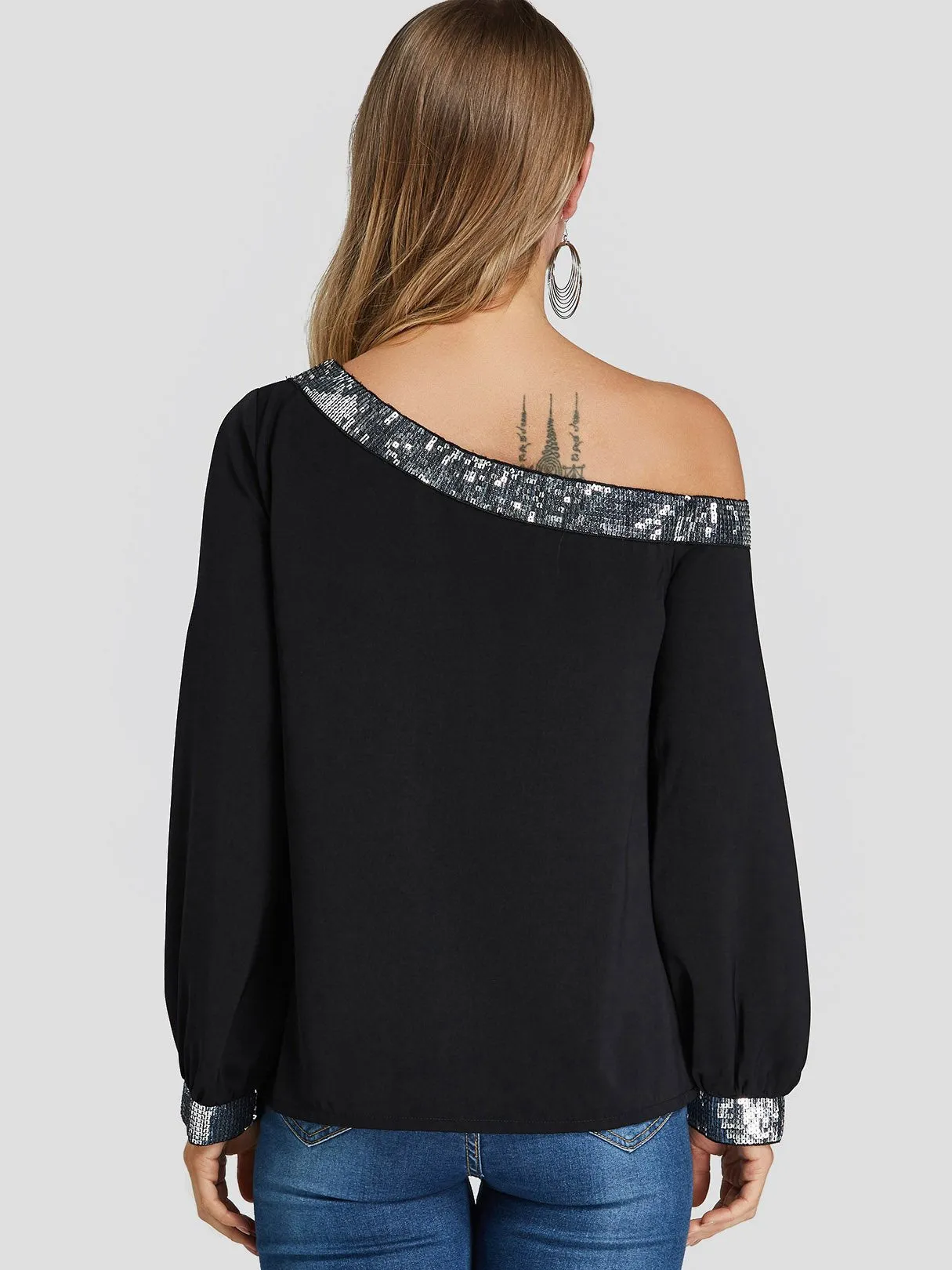 Custom One Shoulder Sequins Embellished Long Sleeve Black Blouses